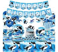 Décorations de fête Orque de l'océan - Bannière « Happy Birthday » pour gâteaux, vaisselle, nappe et ballons pour orques sous la mer, pour 20 personnes