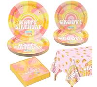 Décorations de fête pour 20 invités, Comprend des assiettes en papier, des serviettes Nappe Groovy pour la fête d'anniversaire Retro Hippie Boho Rainbow Dasiy, Deux fêtes d'anniversaire Groovy