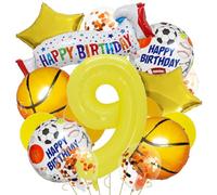 Décorations de fête pour enfants de 9 ans - Ensemble de ballons jaunes en forme de chiffre 9 en aluminium Mylar - Ballon en latex pour fête d'anniversaire sur le thème du basket-ball - Décoration
