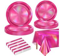 Décorations de Fête Rose Irisé pour 20 Invités, Ensemble de Vaisselle Holographique Rose Vif Comprenant Assiettes en Papier Irisées, Serviettes, Nappe pour Anniversaire de Filles, Baby Shower