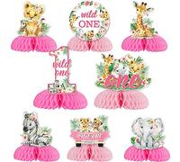 Décorations de fête safari pour 1er anniversaire de fille, centre de table Wild One en nid d'abeille, impression double face, motif animal de la jungle, centre de table en nid d'abeille pour fille