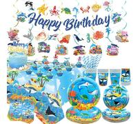 Décorations de fête sous la mer, décoration d'anniversaire sous la mer, assiettes, tasses, serviettes, nappes, bannières, décorations de gâteaux, vaisselle pour océan, plage, fournitures de fête sous