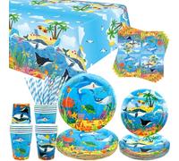 Décorations de fête sous la mer - Vaisselle de fête sous la mer - Assiettes à dessert, assiettes, tasses, serviettes, nappes, pailles pour océan, plage, monde sous-marin, fournitures de fête, pour 20