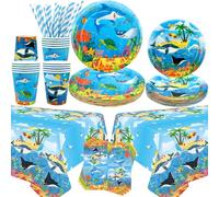 Décorations de fête sous la mer - Vaisselle de fête sous la mer - Assiettes à dîner, desserts, assiettes, tasses, serviettes, 2 pailles pour océan, plage, fournitures de fête sous l'eau, pour 20
