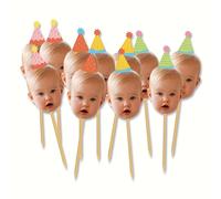 Décorations de gâteaux personnalisées pour bébés, pics à gâteau avec visage personnalisé et chapeaux de fête pour les décorations de fête d'anniversaire de 1 an des enfants Green