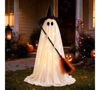 Décorations d'Halloween fantôme éclairé, chapeau de sorcière, balai | 150 cm de haut, lueur chaude avec support en métal, joli fantôme effrayant pour intérieur ou extérieur, cour, pelouse, porche