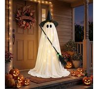 Décorations d'Halloween fantôme éclairé, chapeau de sorcière, balai | Lumière LED chaude avec support en métal, joli fantôme effrayant avec chapeau de sorcière, balai, pour porche, cour