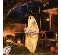 Décorations d'Halloween fantôme lumineux à suspendre sur un balai, balançoire fantôme lumineux à suspendre avec télécommande, pendentif résistant aux intempéries pour porche, cour, terrasse et