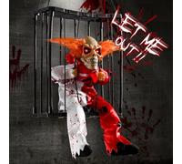 Décorations d'Halloween hurlantes - Accessoire de clown animé avec détecteur de mouvement - Cage effrayante en forme de crâne - Décoration de maison hantée - Fantôme effrayant à suspendre - Yeux