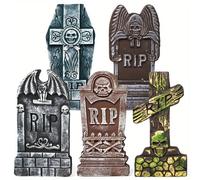 Décorations d'Halloween : pierres tombales - Kit de décoration "RIP" - Lot de 5 - 43 cm - Nylon - Pour une utilisation en extérieur - 12 chevilles métalliques