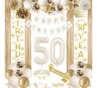 Décorations pour 50ème Anniversaire Blanc Or, Décoration de Fête pour Fille 50 ans, Décoration de Ballons Beige Or, Rideaux de Métalliques, Anniversaire pour Femme/Fille pour Décoration 50 Ans (50)