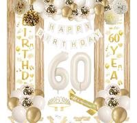 Décorations pour 60ème Anniversaire Blanc Or, Décoration de Fête pour Fille 60 ans, Décoration de Ballons Beige Or, Rideaux de Métalliques, Anniversaire pour Femme/Fille pour Décoration 60 Ans (60)