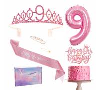 Décorations roses pour 9e anniversaire de fille - Écharpe, diadème, décoration de gâteau, ballon en aluminium, bougie et cadeaux