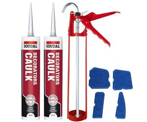 Decorators Kit de calfeutrage blanc - Ensemble avec pistolet à mastic, outil de lissage en silicone, mastic adhésif en silicone acrylique blanc Soudal, Produits d'étanchéité, Kit Scellement