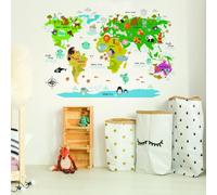 Decords – Autocollant mural, carte du monde pour enfants, avec pays et animaux, dimensions : 259 x 175 cm