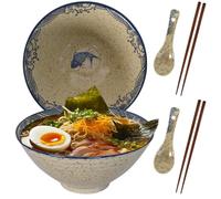 DecorDwell Lot de 2 Bols à Ramen en Céramique de 1200ml avec Baguettes et Cuillères, Bol Japonais vintage, 20 x 20 x 8.5cm Bol en Céramique pour Ramen, Salade, Céréales, Pâtes (Beige)