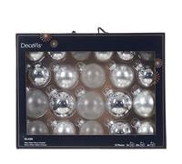 Decoris Lot de 21 boules de Noël en verre - 5 à 7 cm - Mat, brillant et transparent - Boules de Noël pour sapin de Noël - Diamètre : 7 cm - Couleur : argenté