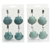 Decoris Lot de 4 poids de nappe en forme de coquillage 7 x 4 x 2 cm - En céramique - Assortis - Pour l'extérieur avec pinces en métal - Poids pour lester les nappes - Avec clip