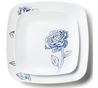 Decorline 32 Assiettes Carré Élégantes en Plastique Solide Dur Réutilisables | Motif Blanches et Fleurs Bordeaux | 2 tailles - assiette plate 25cm & dessert 18cm, 16 pièces chacune | Blanc/Bleu
