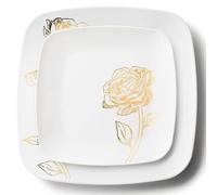 Decorline 32 Assiettes Élégantes en Plastique Dur Réutilisables et solide | Motif Blanches avec Fleurs Dorées | 2 tailles - plate 25cm & assiette à dessert 18cm, 16 pièces chacune | or/blanc