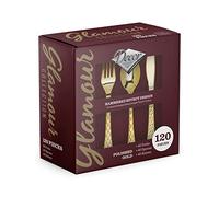 Decorline, Set de Vaisselle en Plastique réutilisable- 120 Pièces - Cuillères, Fourchettes et Couteaux Résistants, Ensemble de Couverts Glamours - Or