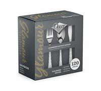 Decorline - Set de Vaisselle en Plastique Réutilisable et Résistant - 120 Pièces/pour 40 Personnes - Cuillères, Fourchettes et Couteaux Résistants, Ensemble de Couverts Glamours - Argent