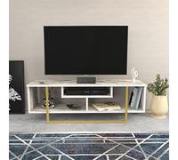 DECOROTIKA Asal Meuble TV Moderne 120 cm avec Rangement - Support TV Design pour téléviseurs jusqu'à 55'' - Effet marbre Blanc et Doré