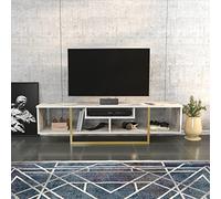 DECOROTIKA Asal Meuble TV Moderne 150 cm avec Rangement - Banc TV Effet Marbre Blanc et Doré pour téléviseurs Jusqu’à 65''
