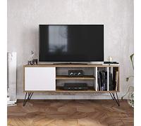 DECOROTIKA Mistico Meuble TV 140 cm, Banc TV avec Rangement Ouvert et Placard, Console Multimédia sur Pieds en Métal pour Salon - Noyer et Blanc