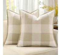 decorUhome Christmas Buffalo Plaid Check Throw Pillow Covers 20x20 Set of 2, Outdoor Linen Decorative Farmhouse Gingham Pillow Covers with Stitched Edge for Bed Couch Sofa, Cream White and Beige