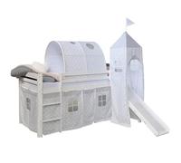 DECOSHOP26 Lit Mezzanine 90x200cm avec échelle Toboggan en Bois Blanc avec Tissu Gris étoile Tunnel et Tour LIT06182