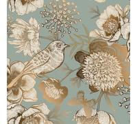 Decotalk Papier Peint Fleuri Vintage Chambre Vert 44.5X900cm Papier Peint Adhesif Mural Motifs de Fleurs Et Doiseaux Dorés Adhesif Pour Meuble Motif Vert Rouleau Adhésif Decoratif Salon Imperméable