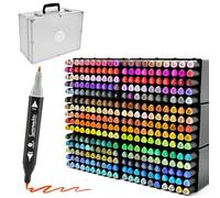 Decotime Lot de 2 marqueurs à alcool empilables avec plateau et étui de rangement - 300 marqueurs à double pointe fine et pinceau à base d'alcool - Marqueurs colorés pour adultes, enfants, artistes