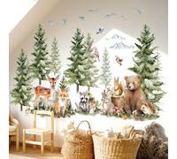 DECOWALL Stickers Muraux Forêt Animaux et Sapins Géants (SG4-2422) | Scène forestière aquarelle avec cerf, renard, ours, lapin et sapins; amovible et repositionnable pour une déco nature