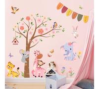 Decvictor Stickers Muraux Animaux Fleur Rose Arbre Jungle Autocollant Mural Dessin animé Tigre Eléphant Girafe Decoration Chambre Bebe Le Salon Pépinière Mur