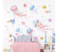 Decvictor Stickers Muraux Aquarelle Méduse Autocollant Mural Monde marin Decoration Chambre Bebe Le Salon Pépinière Mur