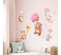 Decvictor Stickers Muraux Enfants Animal de Dessin Animé Rose Autocollant Mural Ours Écureuil Lapin Tenant des Fleurs Volant Decoration Chambre Bebe Fille Le Salon Pépinière Mur