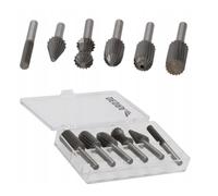 DEDRA Jeu de fraises sur tige 6 pièces HSS pour métaux non ferreux, aluminium, plastique et bois, queue 6 mm, accessoires pour meuleuse droite, vitesse max 30000 tr/min, kit de fraisage polyvalent
