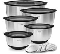Deedro Lot de 5 saladiers en acier inoxydable avec couvercle transparent - 4,7 l/2,8 l/1,9 L/1,4 L/0,63 l - Saladier - Noir - Antidérapants, empilables - Passe au lave-vaisselle - Avec râpe
