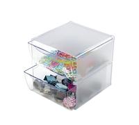 Deflecto Cube, boîte de rangement à 2 tiroirs en polystyrène, dimensions 15,2 x 18,1 x 15,2 cm en Crystal, y compris clip métallique pour l'extension, organisateur pour accessoires de bureau