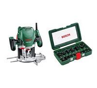 Défonceuse Bosch - POF 1200 AE (Livré avec: Adaptateur d’aspiration, Fraise à rainurer droit Ø 8 mm, Butée parallèle, 3 pinces de serrage). & Coffret Bosch de 15 fraises au carbure (Queue Ø 8 mm)