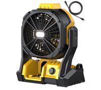 DeForce Ventilateur à piles, pour batterie DeWalt 20 V Max, ventilateur de camping sans fil, option pour câble, avec lumières LED, crochet pour suspension, vitesse variable, pour chantier, jaune