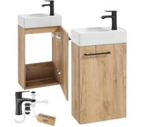 .Deftrans Domodomo - Armoire de Salle de Bain avec Lavabo - 40 x 60 x 21,3 cm - Ensemble en Céramique - Armoire Murale pour Petite Salle de Bain (Chêne + Robinet, Noir)
