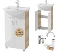 .Deftrans Domodomo - Armoire de Salle de Bain avec lavabo - 80 x 50 x 26 cm - Blanc - en céramique - Meuble sur Pied pour Petite Salle de Bain - Robinet de lavabo, Siphon, clic clac