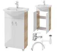 .Deftrans Domodomo - Armoire de Salle de Bain avec lavabo - 80 x 50 x 26 cm - Blanc - Meuble de lavabo en céramique - Meuble sur Pied pour Petite Salle de Bain - Blanc + chêne - Robinet de lavabo -