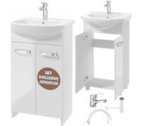 .Deftrans Domodomo - Armoire de Salle de Bain avec lavabo - 85 x 50 x 40 cm - Blanc - Meuble en céramique - Meuble sur Pied pour Petite Salle de Bain (Ensemble mitigeur de lavabo + Siphon) - Blanc 45