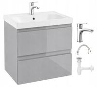 .Deftrans Lavabo avec meuble bas de 60 cm gris brillant - Ensemble lavabo de salle de bain complet avec lavabo en céramique - Lavabo avec meuble bas suspendu avec robinet chromé