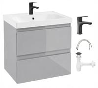 .Deftrans - Lavabo avec meuble bas suspendu 60 cm gris brillant - Ensemble lavabo de salle de bain avec lavabo en céramique - Lavabo avec meuble bas complet avec robinet noir