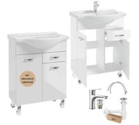 .Deftrans Meuble de Salle de Bain avec lavabo et Robinet - 85 x 65 x 30 cm - Blanc Brillant - Meuble de Salle de Bain avec lavabo et Robinet avec Prise à clic