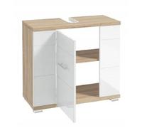 .Deftrans Meuble de Salle de Bain Moderne, 70 cm de Large, Blanc Brillant et chêne Sonoma - Meuble de Salle de Bain Moderne avec découpe pour Syphon - 70 x 62,5 x 31,5 cm